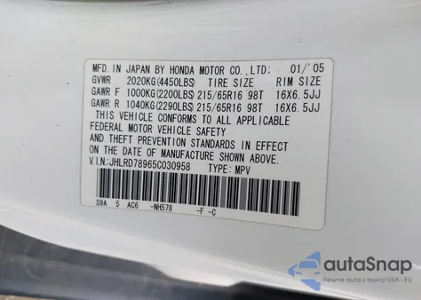 2005 Honda Cr-V Se из США, поврежденный, VIN JHLRD78965C030958